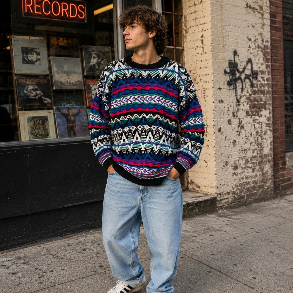 Vintage Etchings Mens 3D Chunky Knit Sweater Sz XL 90s Geometric Textured